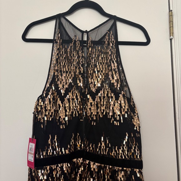 Vince Camuto Black Gold Sequin Embellished Halter Maxi Dress Size 12 - Picture 6 of 6
